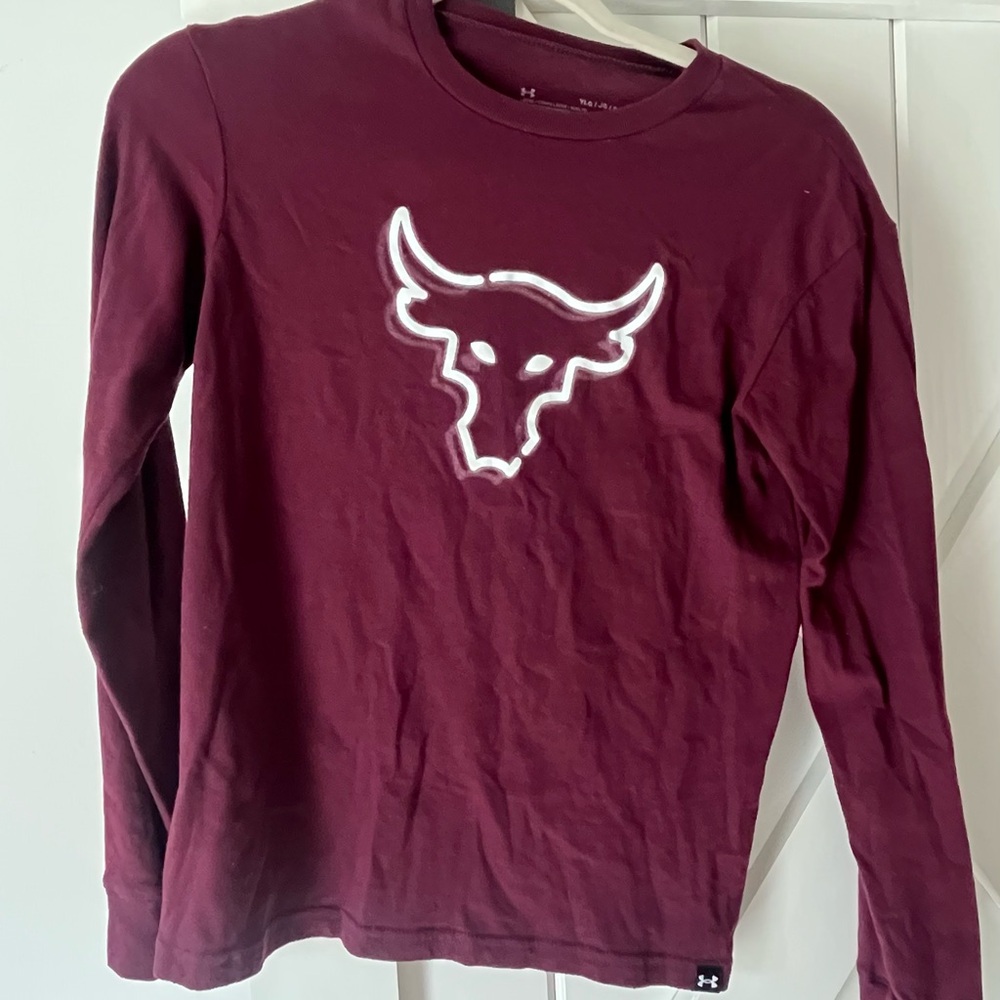 Under Armour Boys' Maroon Long-Sleeve Tee with White Bull Logo